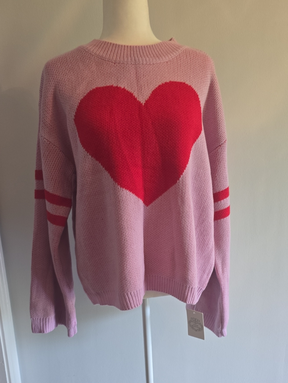 Pink Heart Knit Sweater with Red Heart Detail